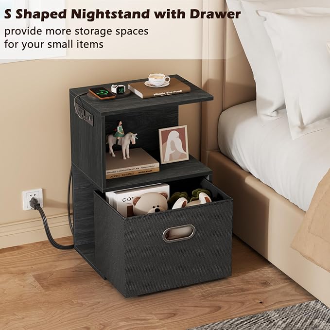 Furologee S Nightstand with Charging Station, 3 Tier Open End Table with Drawer, Wood Bedside Table with Storage for Living Room/Bedroom/Small Space, Black Oak