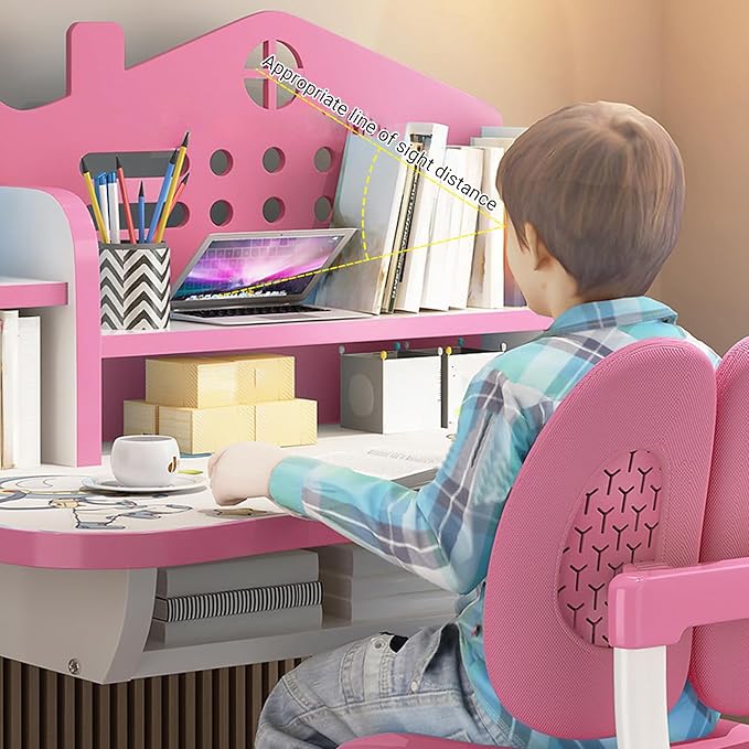 Children Learning Desk and Chair Set Pink Desk Set Height Adjustable with Drawers and Storage Compartments Curved Desktop Cartoon Learning Desks and Chairs Reading/Learning/Writing for Girls (Pink)