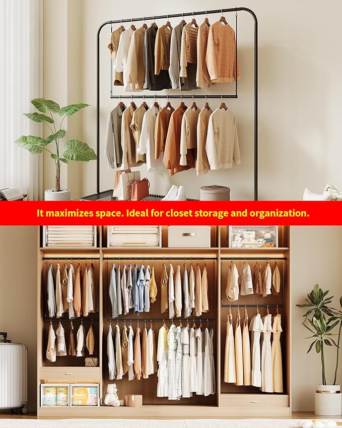 Closet Rods for Hanging Clothes 48'' Black Stepless height adjustment Heavy Duty Closet Rod for Optimize closet storage and organizing space