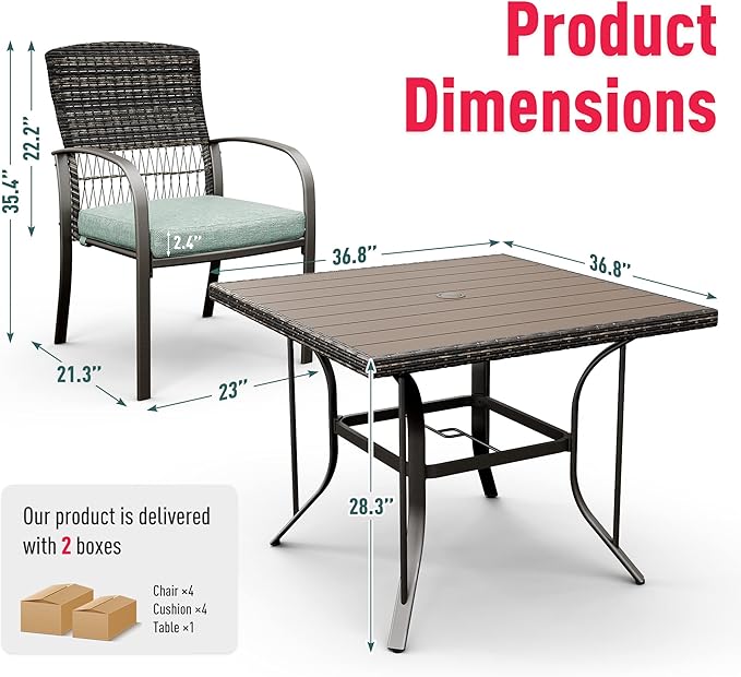 Pamapic 5 Piece Patio Dining Set, Green, Weather Resistant PE Rattan Table and Chairs, Comfortable Cushions, Easy Maintenance