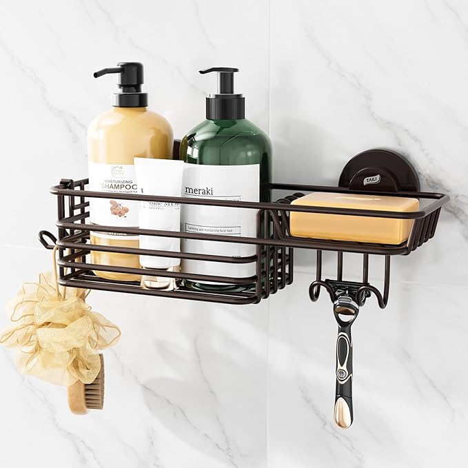TAILI Shower Caddy Suction Cup with Hooks & Soap holder, Heavy Duty Bathroom Shower Organizer, No Drilling Shelves for Inside bathroom, Metal Black Storage Basket-Brown