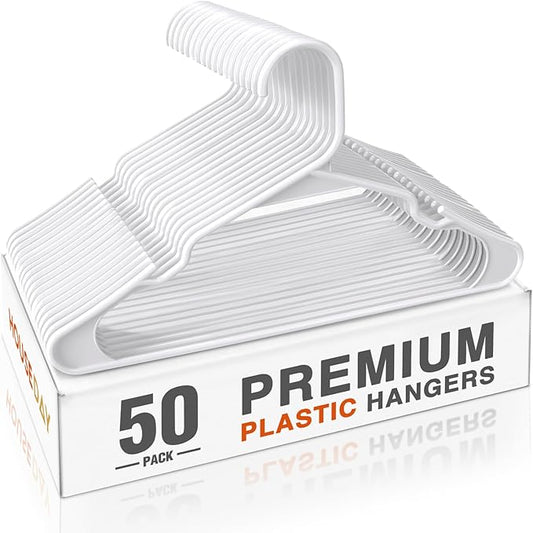 HOUSE DAY Plastic Hangers 50 Pack - White Clothes Hangers with Non-Slip Shoulder Grooves, Durable and Sturdy Coat Hanger, Space Saving Slim Design Perfect for Closet Organizers and Storage