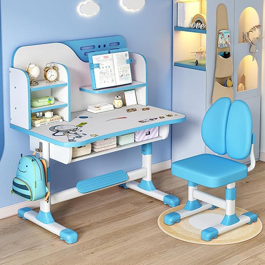 Kids Desk and Chair Set, Height Adjustable Child's School Study Writing Tables, Kids Desk with Bookstand and Storage Drawer, Widened Desktop with Desktop for Boys and Girls Blue
