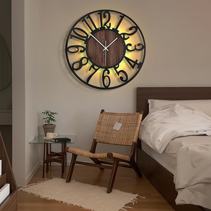 LEIKE Large LED Wall Clocks,Silent,Non Ticking,Battery Operated Rustic Round Modern Big Wood Wall Clock for Living Room, Bedroom,Kitchen,Farmhouse,Office,Home Decor -20" Black,LED,Arabic Number