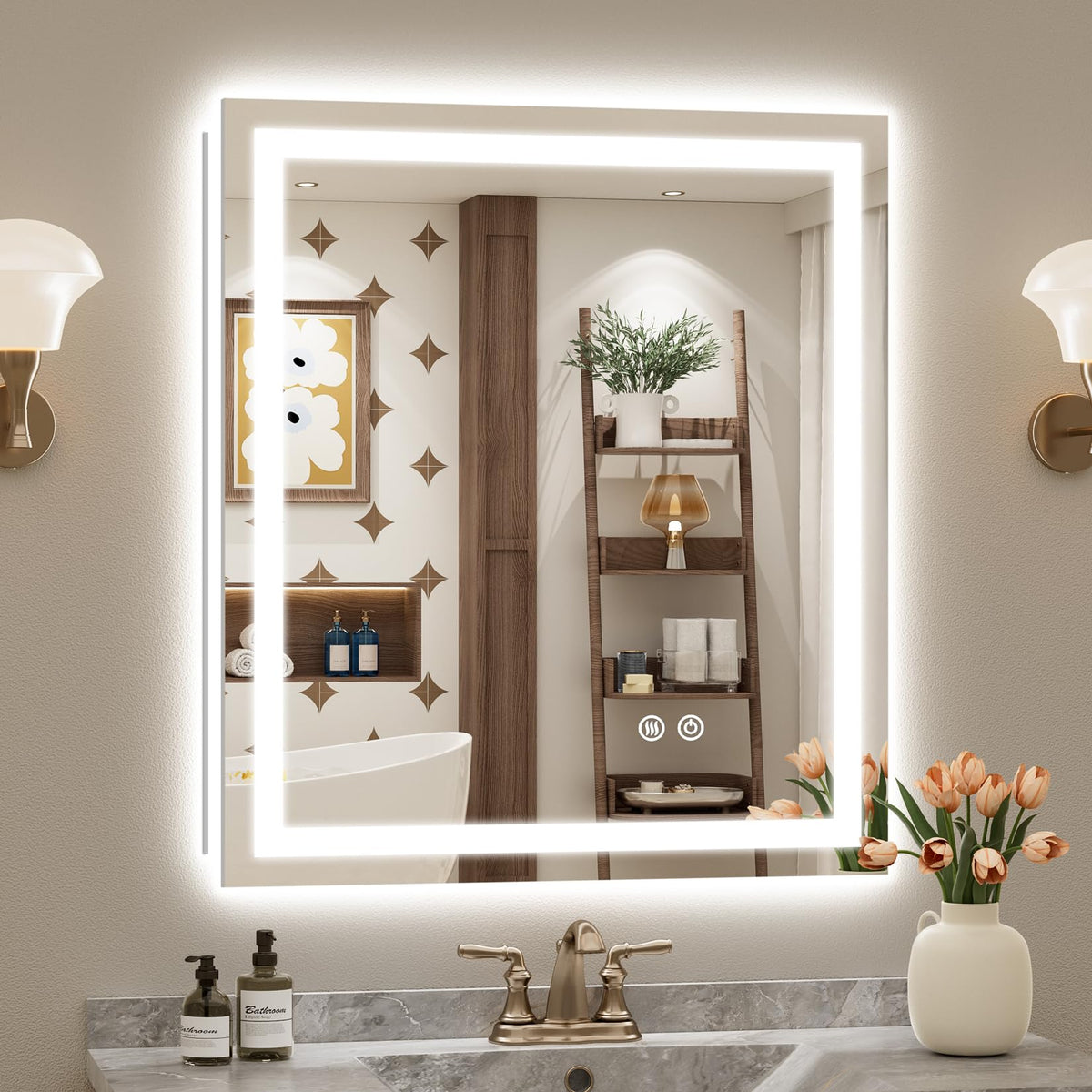 VEEYLOS 28x32 Inch LED Bathroom Mirror with Lights, Backlit & Front Lit