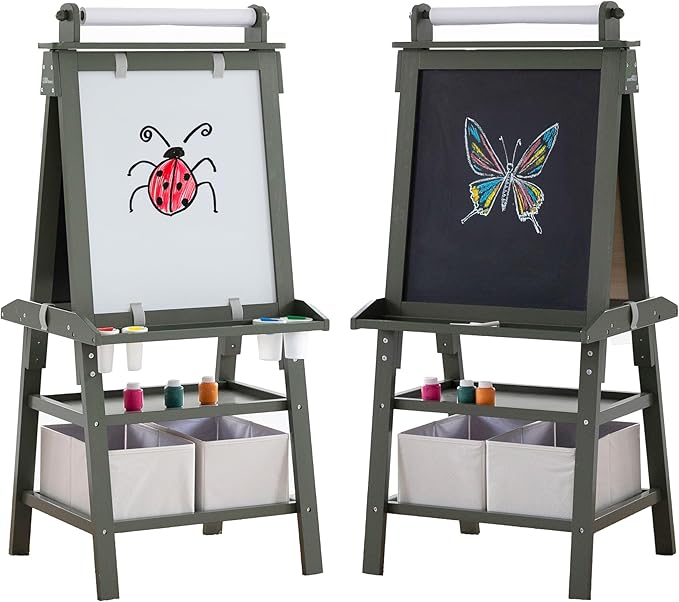 Little Partners Deluxe Learn 'N Play Toddler Easel for Kids, Two-Sided Art Center with Chalkboard, Magnetic Dry Erase Whiteboard, Paper Feed, Storage Bins, Paint Containers (Olive Green)