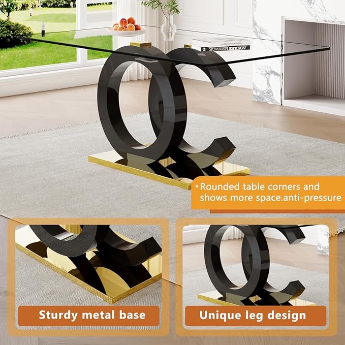 63'' Glass Dining Table Set for 6, Kitchen Table Chairs Set of 6, Clear Glass Dining Table with Black unique design Leg and Gold Metal Base, 6 PU Dining Chairs with Metal Legs, Living Room, Kitchen.