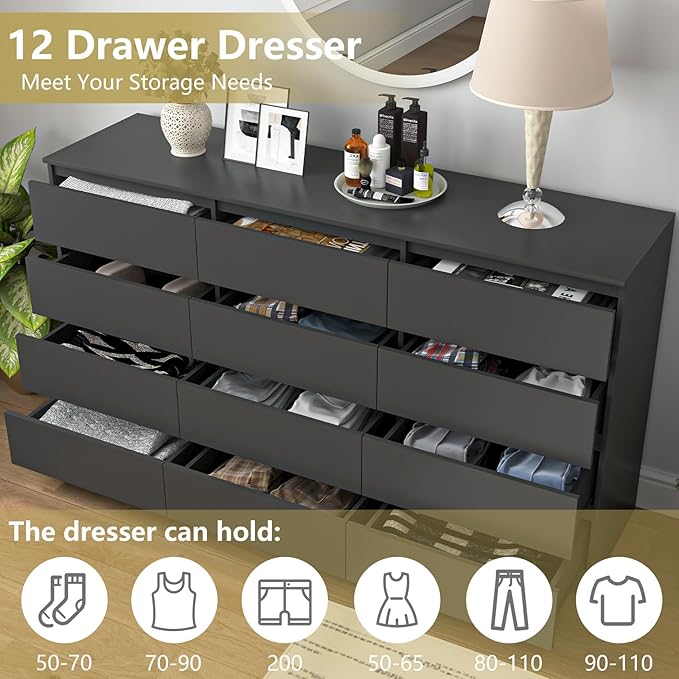 Black Dresser for Bedroom,Modern Long 12 Drawer Dresser with Deep Drawer,Wood Storage Chest of Drawer, Bedroom Storage Organizer,TV Stand for Living Room