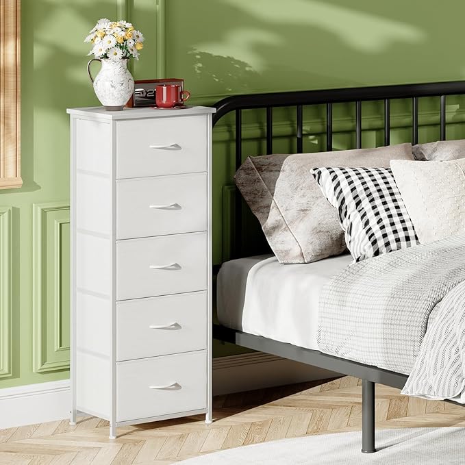 Somdot Tall Dresser for Bedroom with 5 Drawers, Storage Organizer Chest of Drawers with Removable Fabric Bins for Closet Bedside Nursery Laundry Living Room Entryway Hallway, White Leather