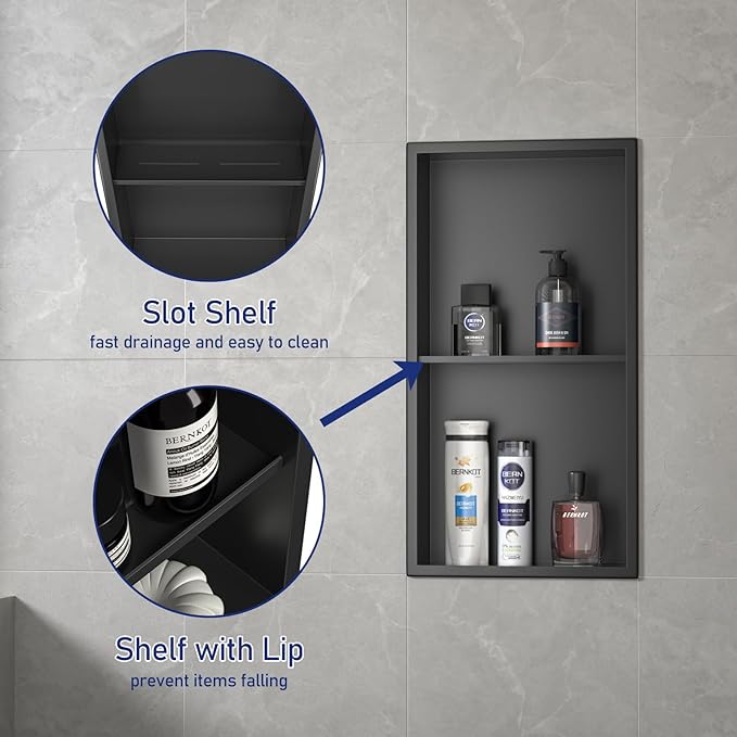 Stainless Steel Shower Niche 24" X 12" Matte Black No Tile Needed Vertical Niche Shower with Two- Tier Shelves Recessed Wall Niches for Bathroom Storage Over Mount Installation