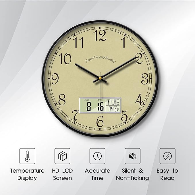 SCAOGE Retro Analog Wall Clock with Date Temperature Day Vintage Ivory Silent Battery Operated Digital Clocks with Week Large Display Clock Decorative for Living Room Kitchen Office Bathroom 12 Inch