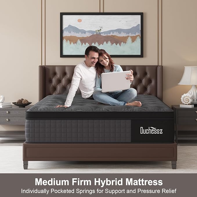 Full Mattress, 12 Inch Hybrid Mattresses Black with Gel Memory Foam and Individually Pocket Innerspring Euro Top Medium Firm for Motion Isolation, Edge Support