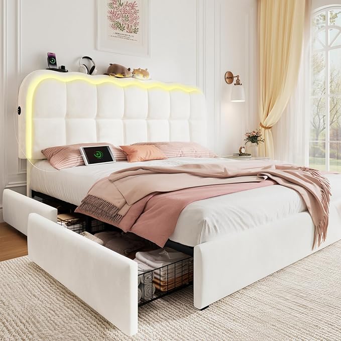 Queen Size Bed Frame with 4 Storage Drawers and LED, Adjustable Clouds Headborad,Velvet Upholstered Platform Queen Bed Frame with Charing Station,Wood Slats Support, No Box Spring Needed,White