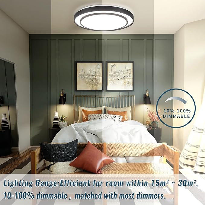 20" LED Flush Mount Ceiling Light Fixture 5CCT, Black Ceiling Light Round, Dimmable Light Fixture Flush Mount 36W, Modern Simple Close to Ceiling Light Fixtures for Kitchen, Bedroom