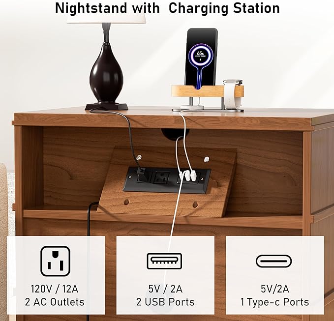 3 Drawer Nightstand with Charging Station,28" Farmhouse Night Stand & Modern 3 Drawer Dresser,Wood Nightstands Storage Cabinet for Bedroom Hallway, Entryway, Home Office, Brown Set of 2