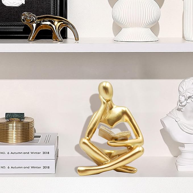 Bookshelf Decor, Golden Reading Thinker Sculpture Figurine, Coffee Table Decor, Entry Way Table Home Decor, Decorative Statue for Living Room, Office, Bedroom, Gift