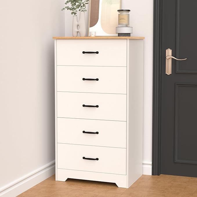 Farmhouse 5 Drawer Dresser, Small Wooden Chest of Drawers Classic White Dresser for Bedroom Living Room Entryway (White, 5 Drawer)