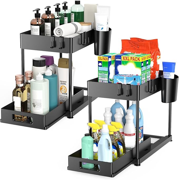 Under Sink Organizers and Storage, 2 Pack Large Capacity Heavy Load Pull-out Under Sink Shelves with Sliding Drawer for Kitchen and Bathroom, Black, 12 x 8.7 x 15.7 inch