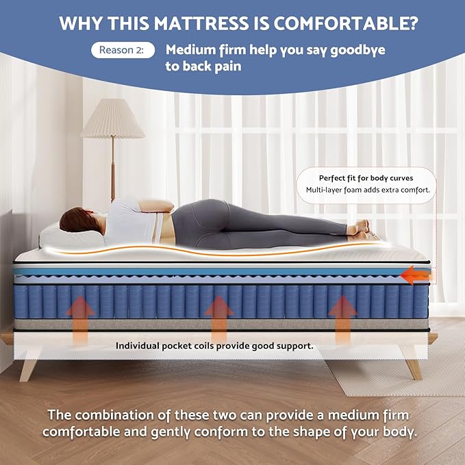 King Size Mattress, 12 Inch Hybrid Pillow Top King Mattresses in a Box with Gel Memory Foam & Individually Pocket Coils, Medium Firm Mattress for Back Pain and Pressure Relief
