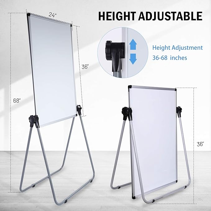 Stand White Board, Double Sided Magnetic Dry Erase Board Height Adjustable Whiteboard with Sturdy Aluminum Frame for Home Office Classroom, 36 x 24 Inch