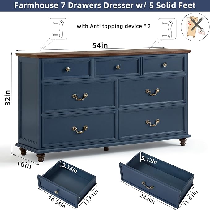 Farmhouse 7 Drawers Dresser for Bedroom, Navy Blue 54 Inch Wide Chest of Drawers w/ 4 Wooden Legs, Large Vintage Rustic Closet Dressers for Living Room, Wood TV Stand with Storage Organizer
