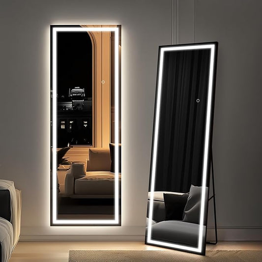 68x24 Frameless Full Length Mirror, Dimmable 3 Color LED Light w/Memory Function, Distortion Free, HD Reflection & Anti Desilvering, Tempered Glass & Shatter Proof Film Doubling Safety