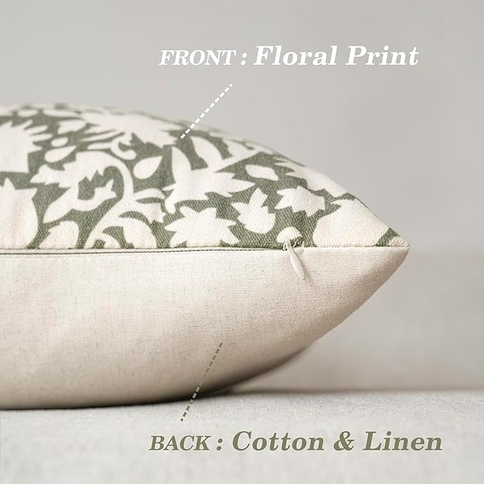 Foindtower Set of 2 Decorative Neutral Floral Throw Pillow Covers Accent Farmhouse Cushion Covers Boho Vintage Pillowcase for Couch Sofa Bedroom Living Room Home Decor Outdoor,24×24 Inch,Sage Green