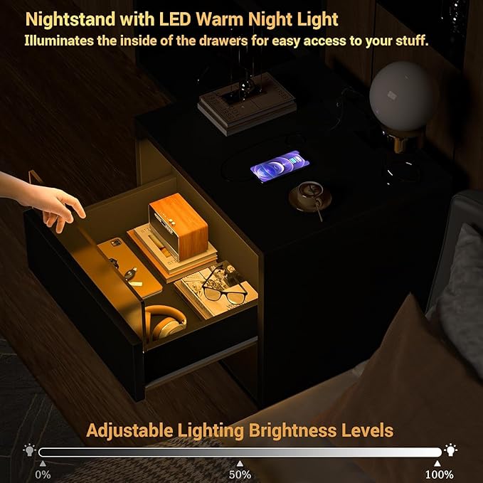Black Nightstand with LED Lighting & Outlet & Drawer Light Modern Bedside Table with Charging Station, Drawer and Shelf for Bedroom Dorm Room Decor 18.89x15.74x21.25