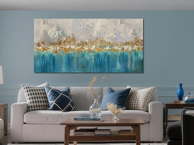 Arjun Teal Gold Abstract Wall Art Blue Turquoise Hand Painted Textured Painting Canvas Modern Grey Artwork Wooden Framed Large Size for Living Room Bedroom Bathroom Home Office Wall Decor, 48"x24"