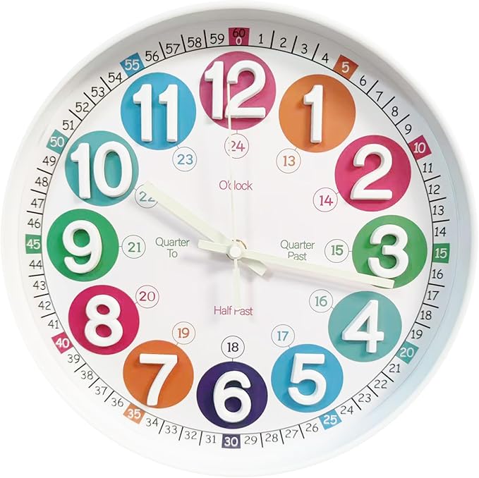 Learning Time Clock for Kids, 12 Inch 3D White Luminous Silent Wall Clock, Bedroom, Kitchen, Classroom, Decor at School, Clear Digital Clock for Kids Room