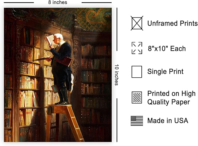 Poster Master Vintage The Bookworm Print - Retro Reading Book Print - Book Lover Art - Library Painting Wall Design - Librarian Art - Great Living Room or Office Decor - 8x10 UNFRAMED Wall Art