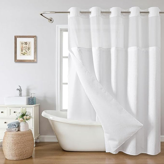 No Hook Waffle Weave Shower Curtain with Snap-in Fabric Liner Set,White Shower Curtains for Bathroom with See Through Top Window,Water Repellent & Washable,71Wx74H