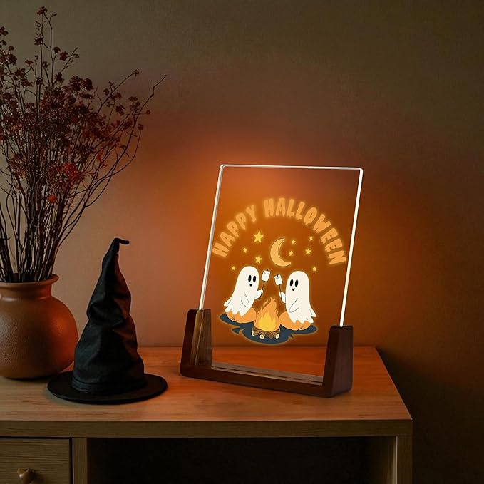 Custom Ghost Campfire Night Light 6.4" | 7-Color LED, Personalized Text | Spooky Ghost Cute Halloween Décor Night Lights Gifts for Kids Family and Friends
