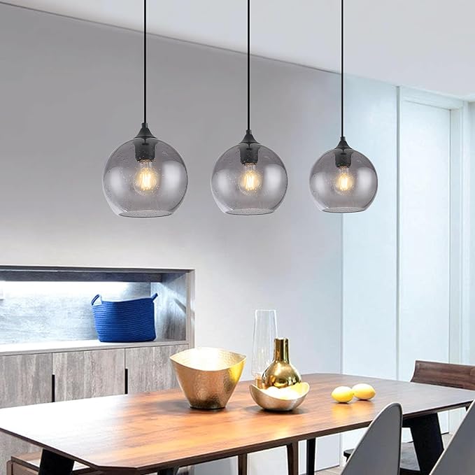 Gray Glass Pendant Lights Kitchen Island Lighting Globe Pendant Light Fixtures Modern Pendant Lighting for Kitchen Island Bedroom Living Dining Room Light Fixture-7.8in