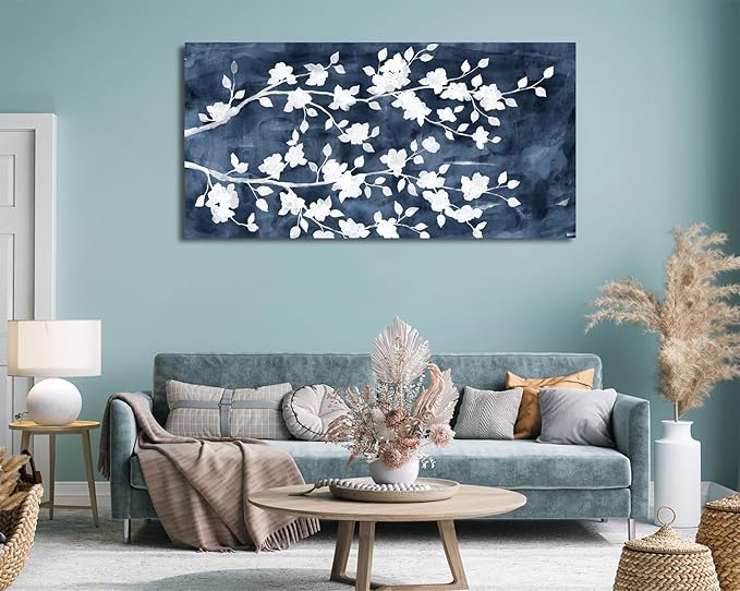 NINEASO Abstract Flowers Canvas Wall Art - Gray White Tree Floral Branches Pictures Wall Decor White Blossom Deep Indigo Blue Background Painting Artwork for Living Room Bedroom Home Decor 29" x 58"