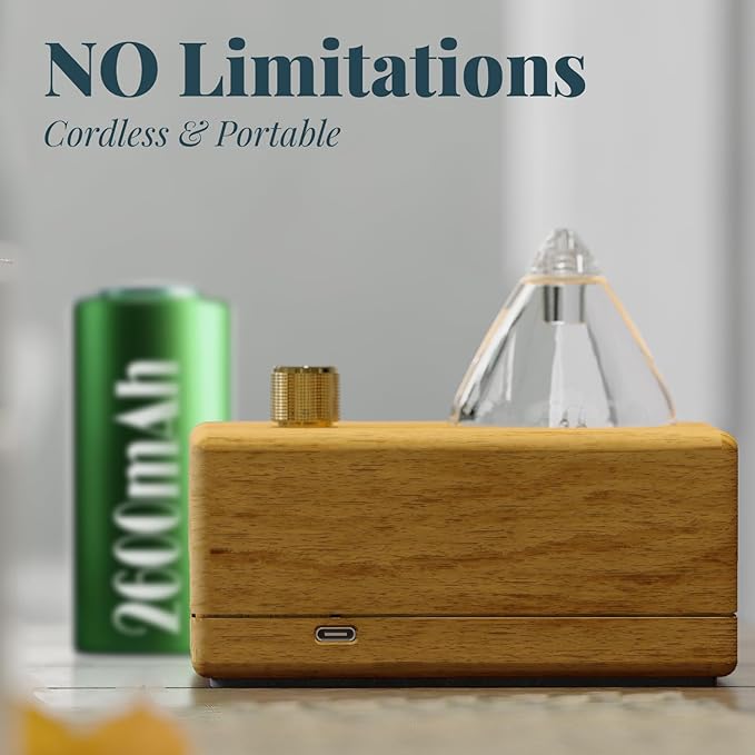 AromaMobi Portable Waterless Aroma Diffuser for Home&Travel Use | Rechargeable Essential Oil Nebulizer with 4 Timer Modes & Instant Fragrance | Wood&Glass Diffuser | Gift Ready [Waterdrop]