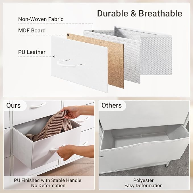 ELYKEN White Dresser with LED Light for Bedroom, Dresser with 9 Drawers and Charging Station, Fabric Chest of Drawers with PU Finish Storage Drawers for Entryway Closet Living Room Hallway Guest Room