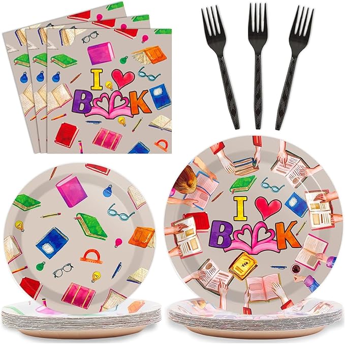 Wiooffen 96 Pcs Book Club Birthday Party Plates Napkins Tableware Set Book Themed Party Supplies Disposable Dinnerware Books Decoration Favors for Library Reading Party Table Decor, 24 Guests