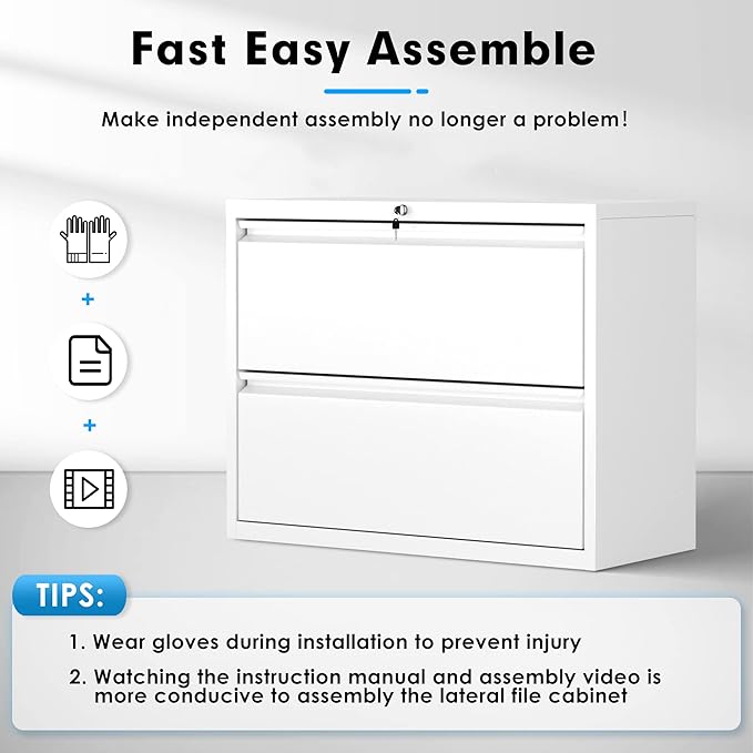 Pataku Lateral File Cabinet, 2 Drawer File Cabinet with Lock, White Filing Cabinets for Home Office, Metal File Cabinet for Hanging Files/Letters/Legal/F4/A4(White)
