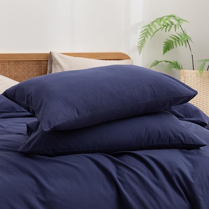 BESTOUCH Duvet Cover Set 100% Washed Cotton Linen Feel Super Soft Comfortable Chic Lightweight 3 PCs Home Bedding Set Solid Navy Blue Super King