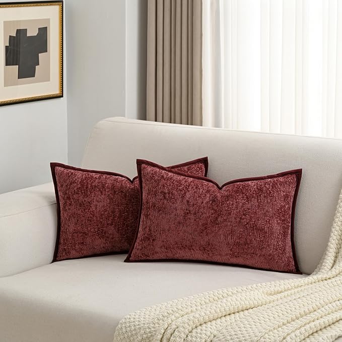 FUTEI Burgundy Chenille Throw Pillow Covers 12x20 Inch Set of 2,Soft Cozy Bound Edge Design Lumbar Pillow Cases,Home Decor for Couch Bed Living Room