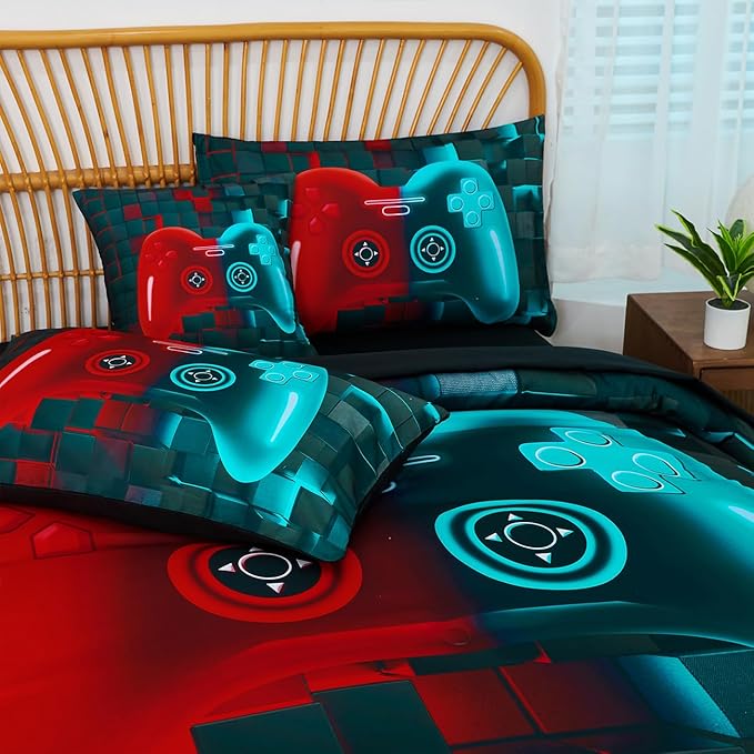 PERFEMET 6 Pcs Gaming Comforter Sets for Teen Boys Red and Teal Game Kids Bed in A Bag with Sheet Set 3D Cool Soft Lightweight Video Game Bed Set(Red Teal, Queen)