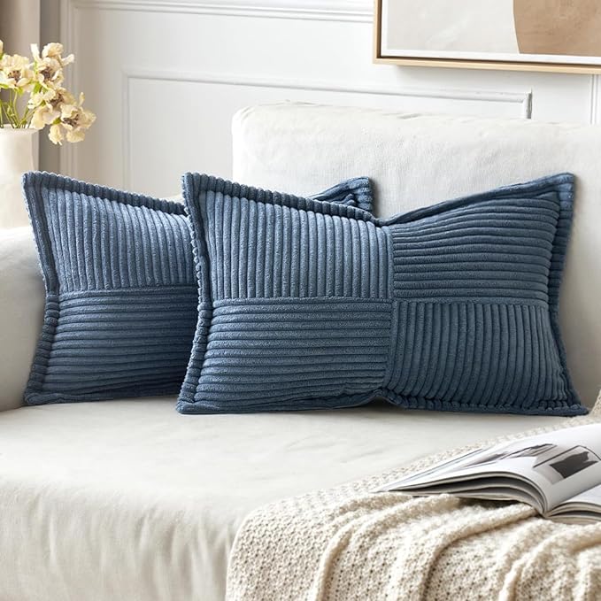 MIULEE Decorative Lumbar Throw Pillow Covers for Couch Bed Livingroom 14x24 Inch Set of 2 Blue Boho Accent Throw Pllows Broadside Striped Patchwork Soft Corduroy Summer Coastal Pillowcases