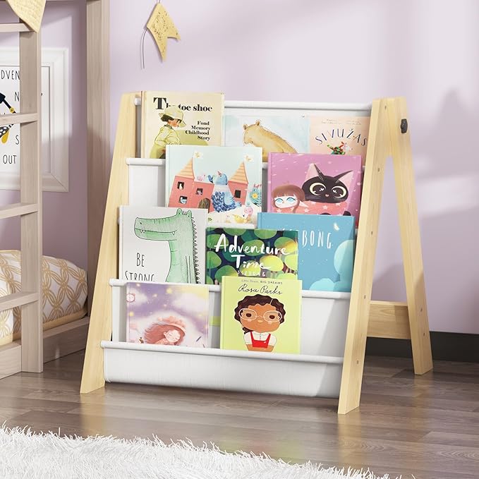 NACHES 4-Tier Foldable Kids Bookshelf, Large Capacity Montessori Sling Bookcase with 4 Deep Fabric Pockets, Magazine and Book Storage Rack for Nursery, Kids Room, Bedroom, Playroom (Burlywood)