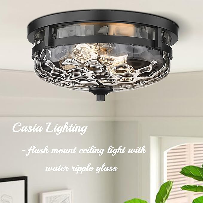 Casia Flush Mount Ceiling Lights, 2-Light Farmhouse Close to Ceiling Light, Hammered Glass Ceiling Light, Industrial Ceiling Lighting Fixture for Kitchen Hallway Living Room Stairwell (Black)