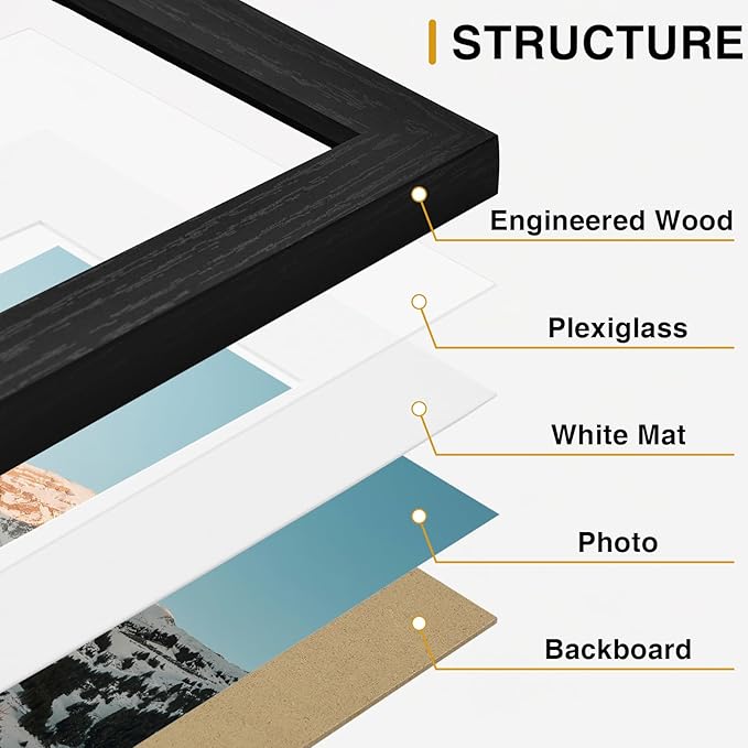 Vittanly 16 Pack Picture Frames, Gallery Wall Frame Set with 2Pcs 11x14, 2Pcs 8x10, 6Pcs 5x7 and 6Pcs 4x6 Photo Frames, Picture Frames Collage Wall Decor for Wall or Tabletop Display, Black