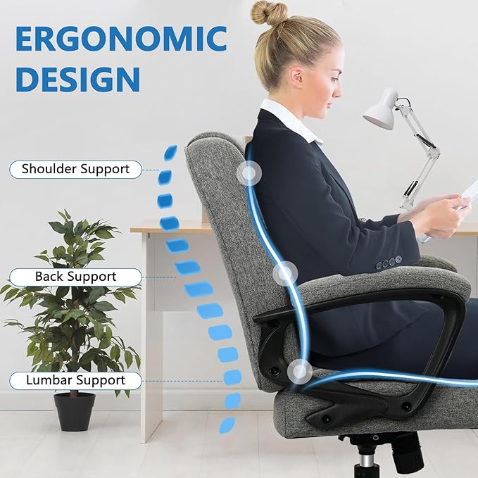 CLATINA Fabric Home Office Chair Linen Cloth Ergonomic Swivel Desk Chair with Padded Armrests, Adjustable Height Swivel Rolling Computer Task Chairs for Work, Conference, Study, Grey