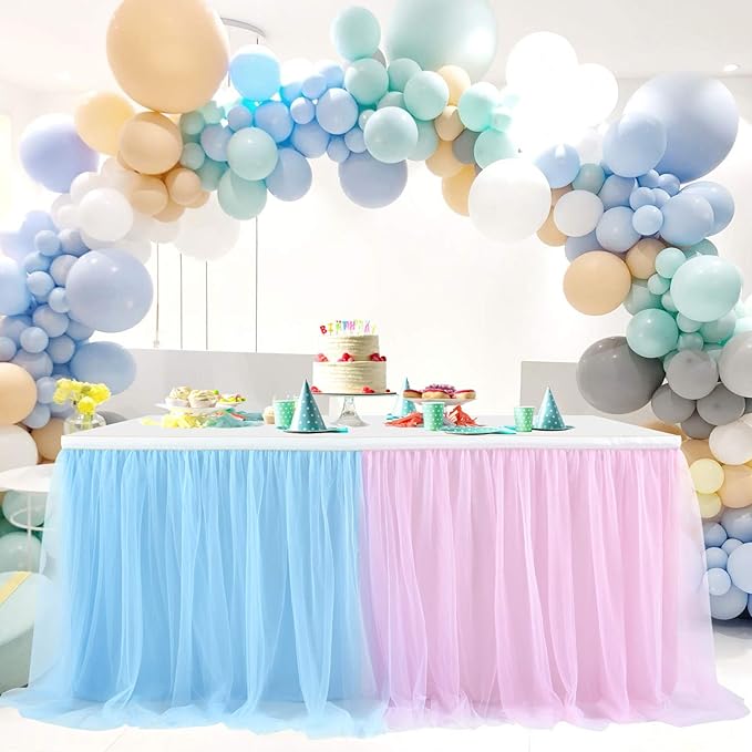 Suppromo 14ft Pink and Blue Tulle Table Skirt for Boy or Girl Gender Reveal Decorations Tutu Table Clothes Cover for Baby Shower Birthday Party Wedding Cake Decorations