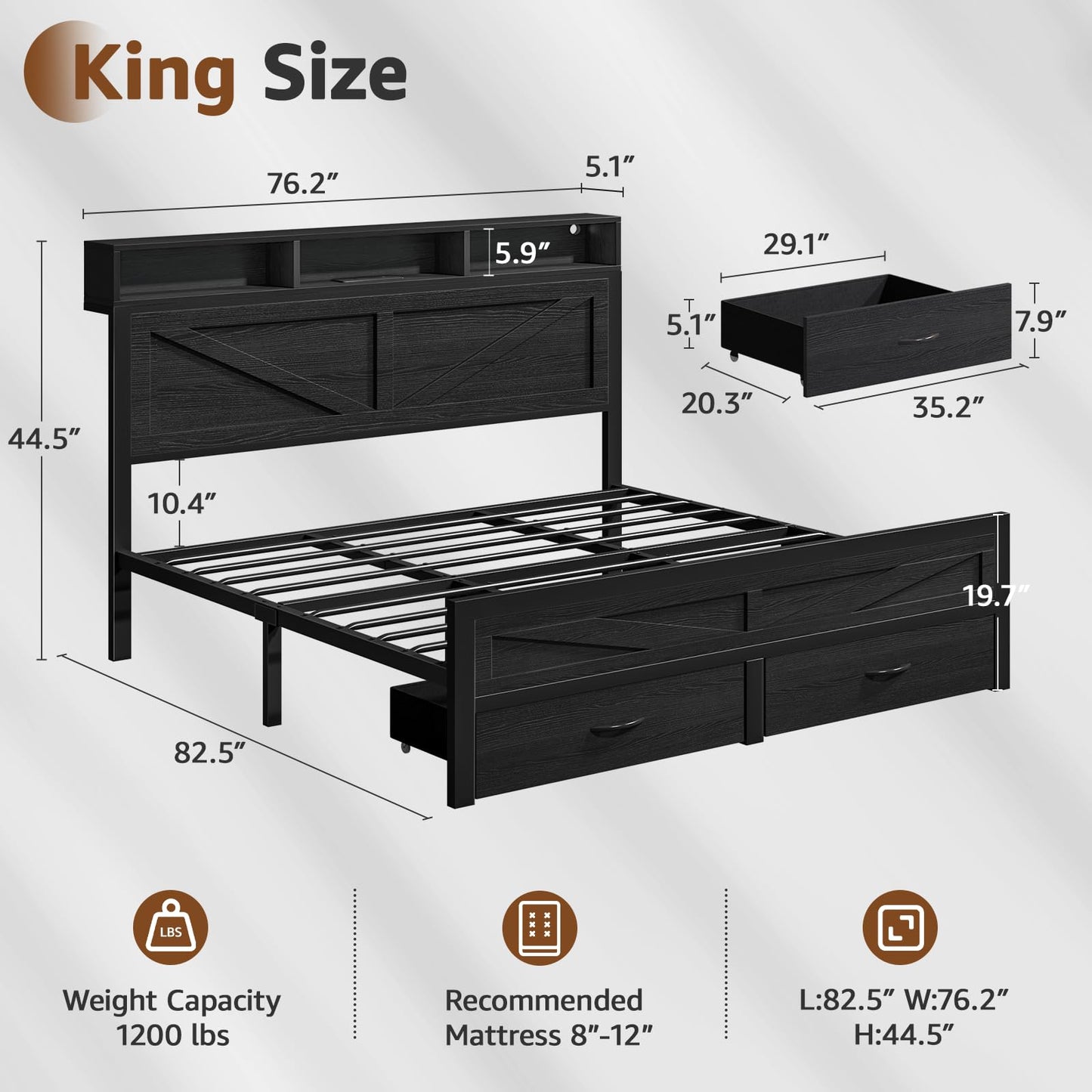 Rustic King Size Bed Frame with Storage Drawers, LED King Bed Frame with Barn Door Headboard and Charging Station, Metal Industrial Platform Bed Frames, No Box Spring Needed, Black