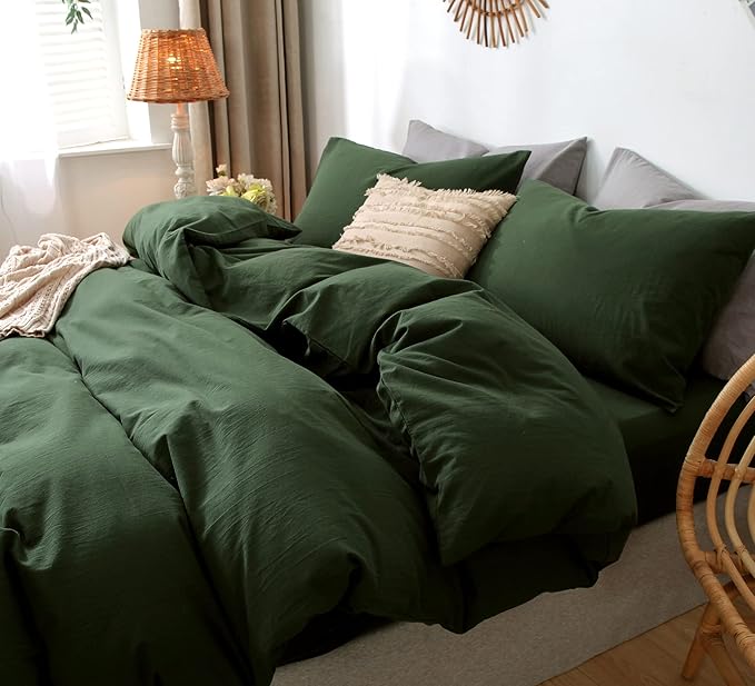 MooMee Bedding Duvet Cover Set 100% Washed Cotton Linen Like Textured Breathable Durable Soft Comfy (Solid Forest Green, Queen 90"x90")